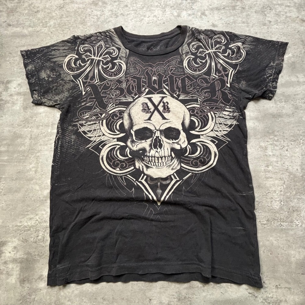 Xzavier Graphic T-Shirt Medium Black Y2K Skull Wings Streetwear Goth